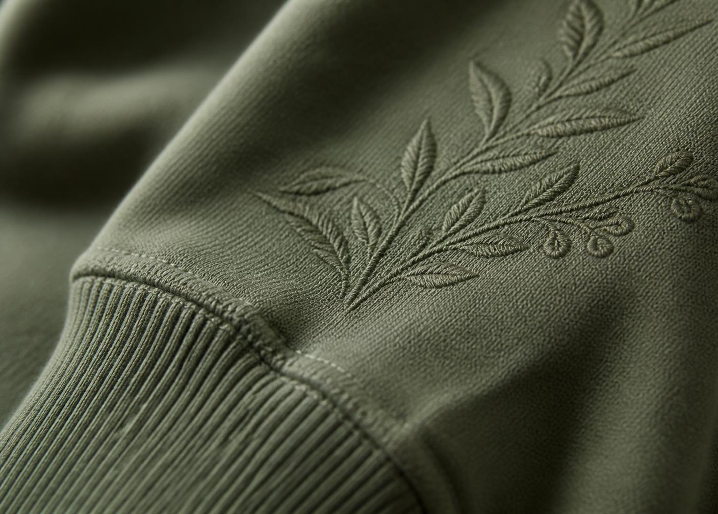 Close range: cuff, stitching and tonal embroidery on heavyweight cloth