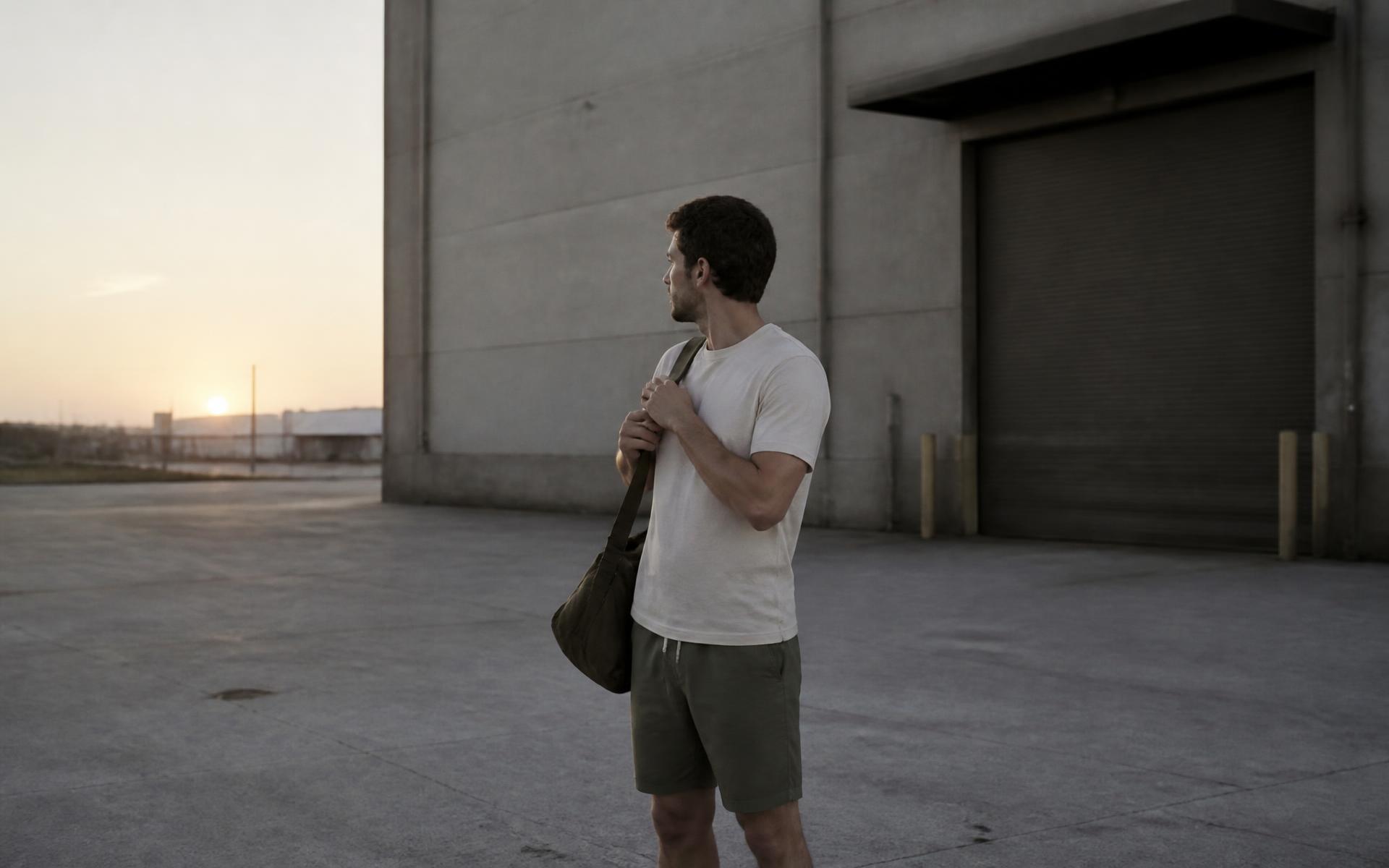 A man in a bone crew and olive shorts outside a loading door at first light
